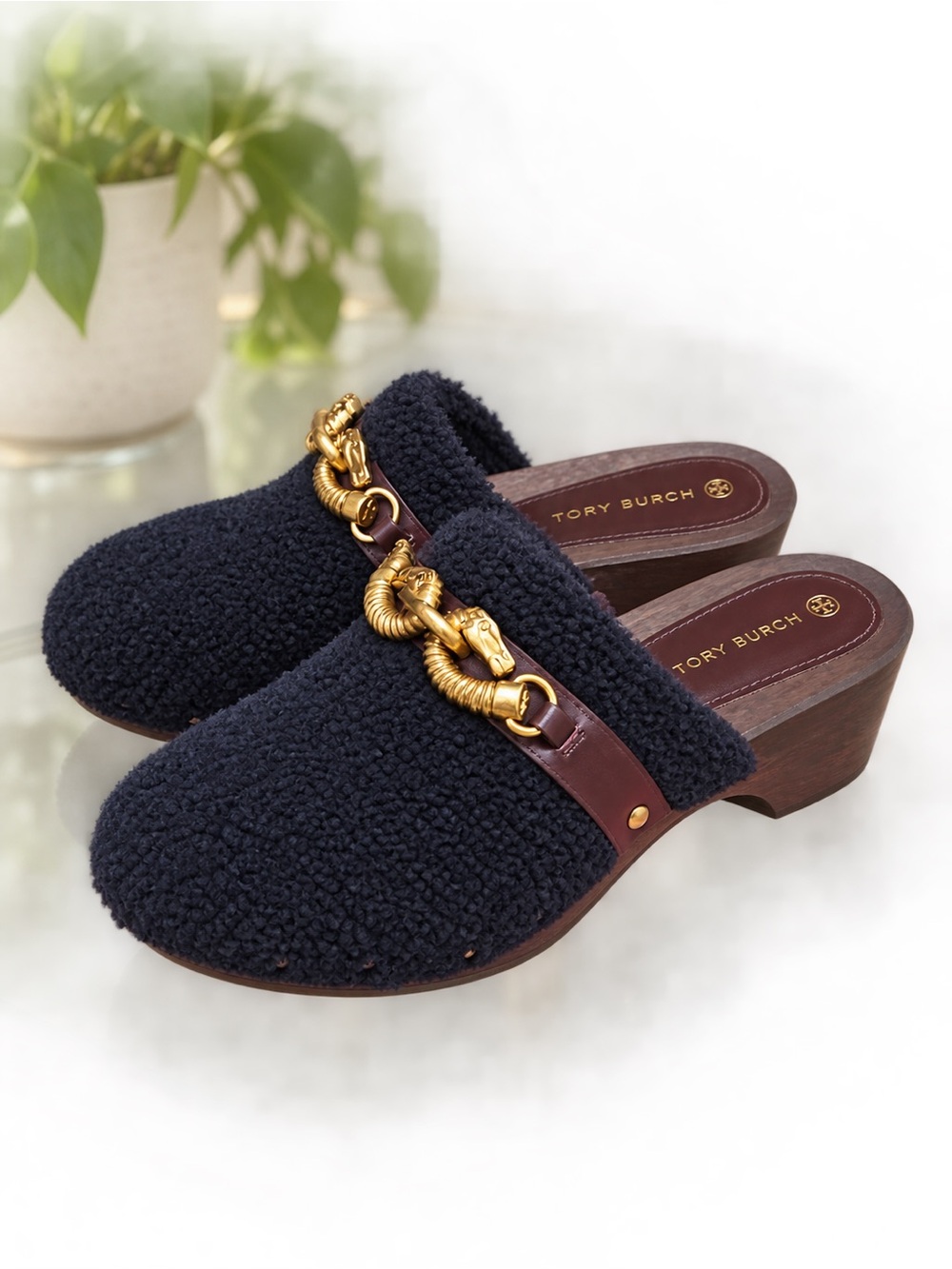 Tory Burch Navy Bouclé Mule Clogs with Gold Chain Detail